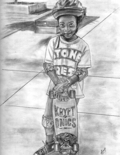 Young girl with skateboard pencil drawing